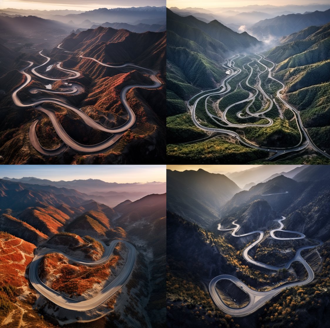 art photography, aerial view, curved roads in the mountains. KI-Prompt Inspiration: Luftbilder