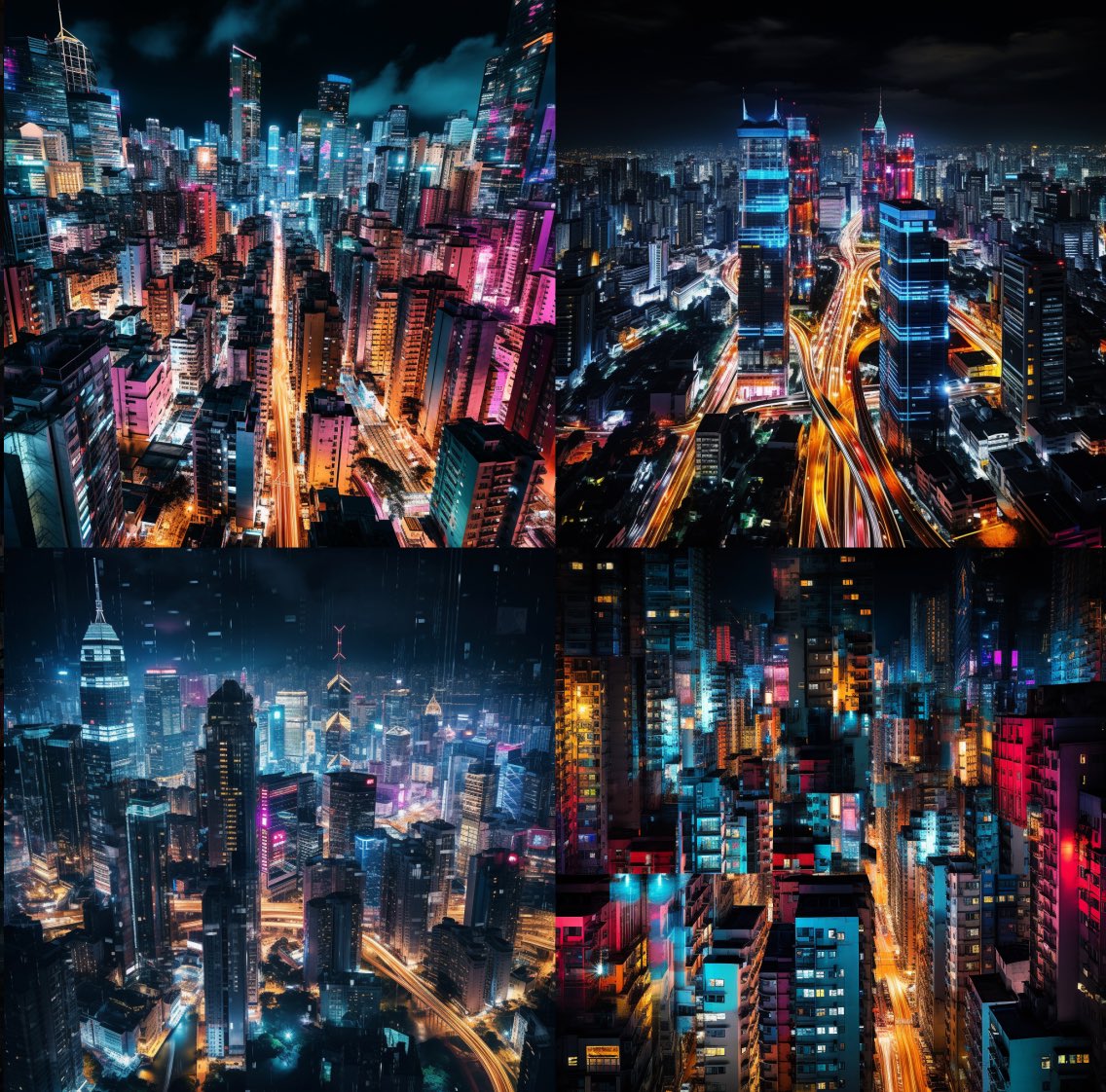 art photography, aerial view, colorful lighted Asian megacity by night. KI-Prompt Inspiration: Luftbilder