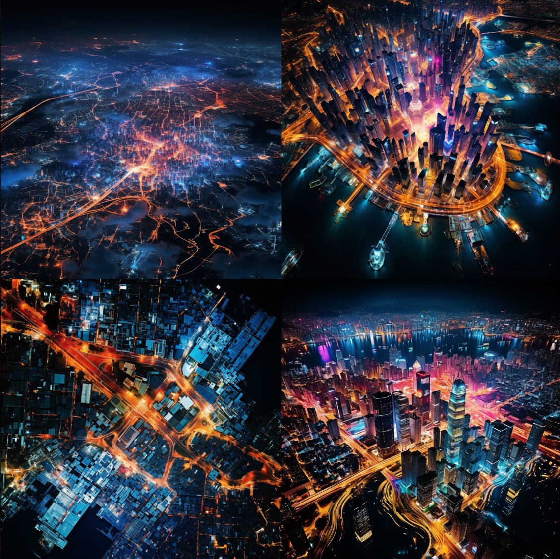 art photography, satellite aerial view, colorful lighted Asian megacity by night. 