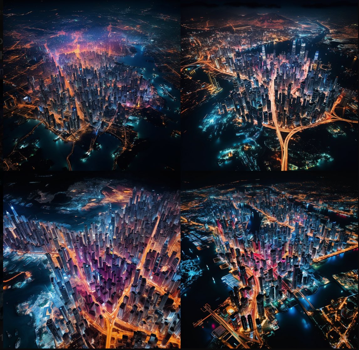art photography, 90° vertical satellite aerial view, colorful lighted Asian megacity by night. 