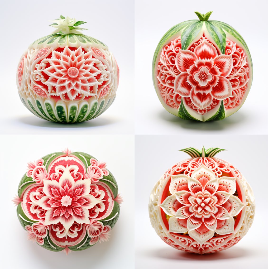 photography, fruit carving, watermelon with floral patterns, white background