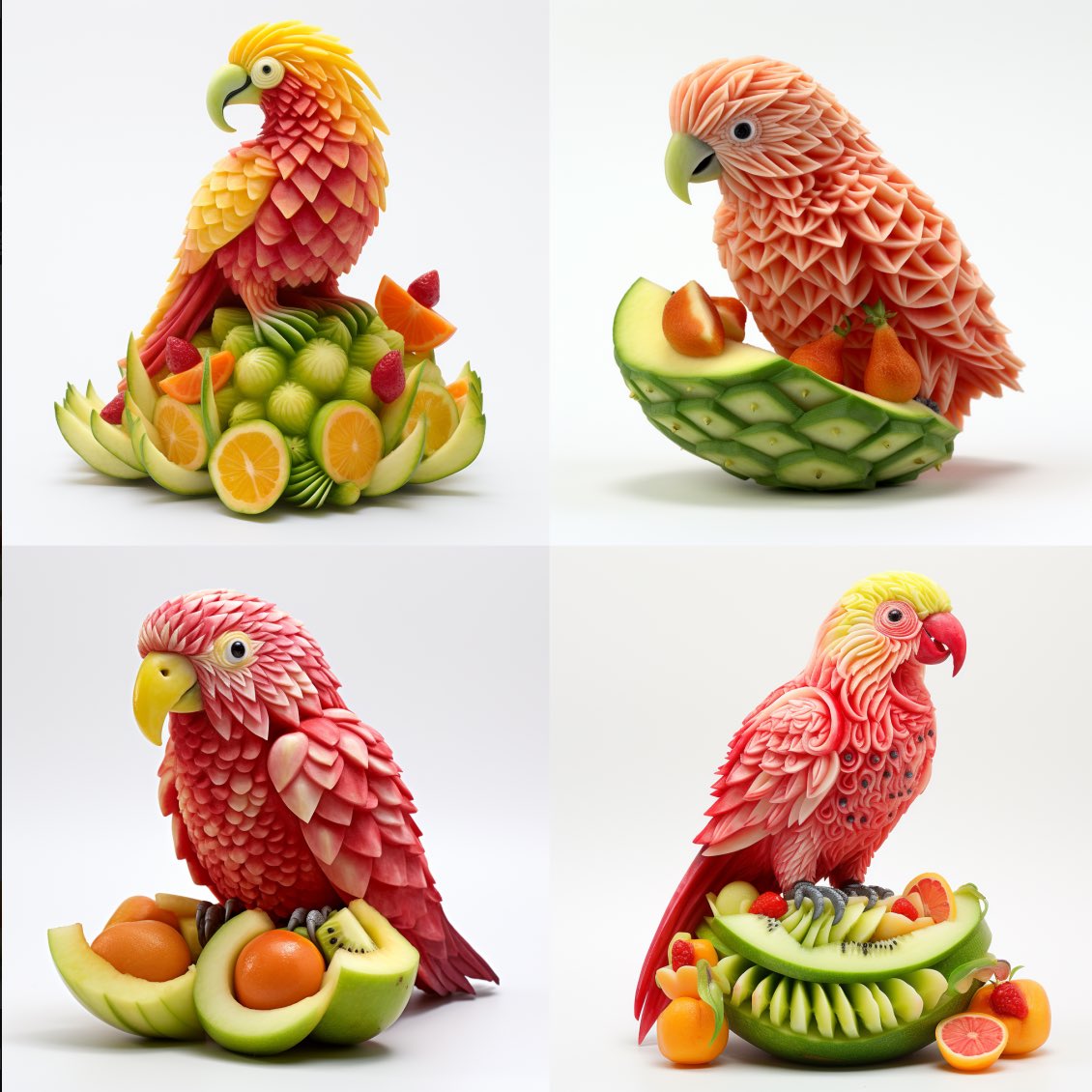 photography, fruit carving, Parrot made out of strawberries apples cantaloupes, white background