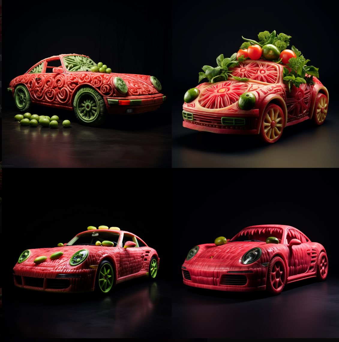 photography, fruitcarving, porsche 911 made out of watermelon