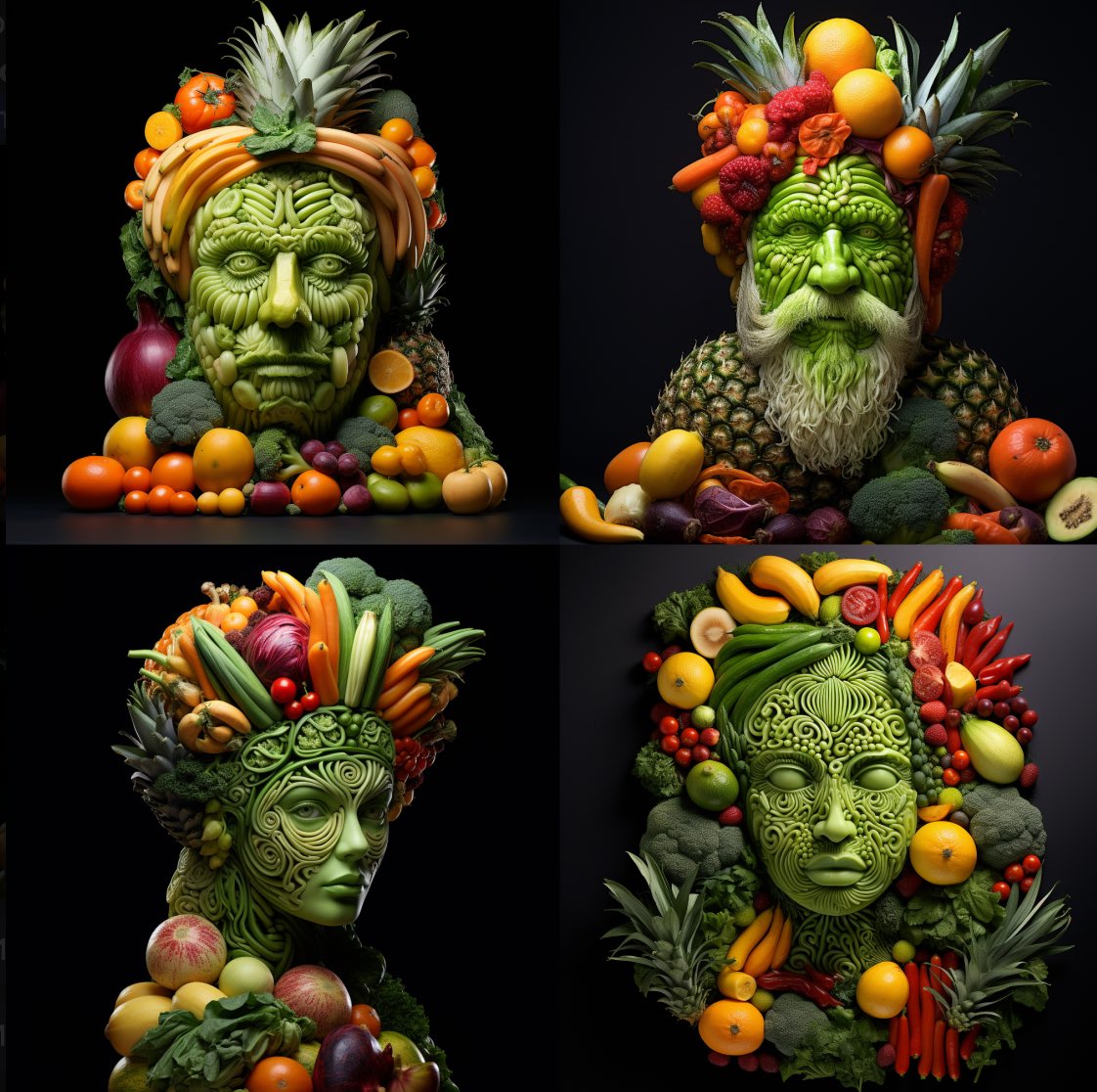 photography, fruit carving, a person made of vegetables