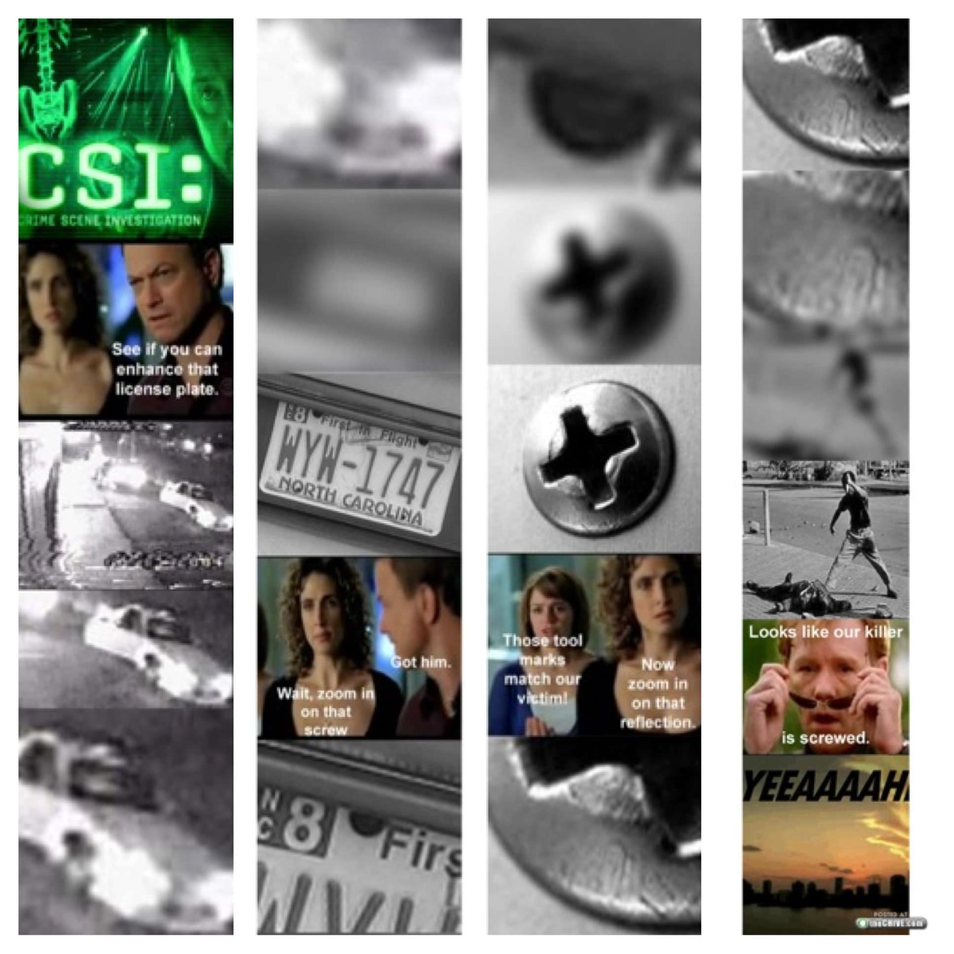Echt irre, was in „CSI: Miami“ möglich ist: Niedrig auflösendes Footage aus einer Überwachungskamera zeigt nach einem lapidaren „Enhance it!“ vormals verschwommene Nummernschilder und Gesichter in höchster Auflösung und Schärfe. Das ist natürlich mehr Fiction als Science.
