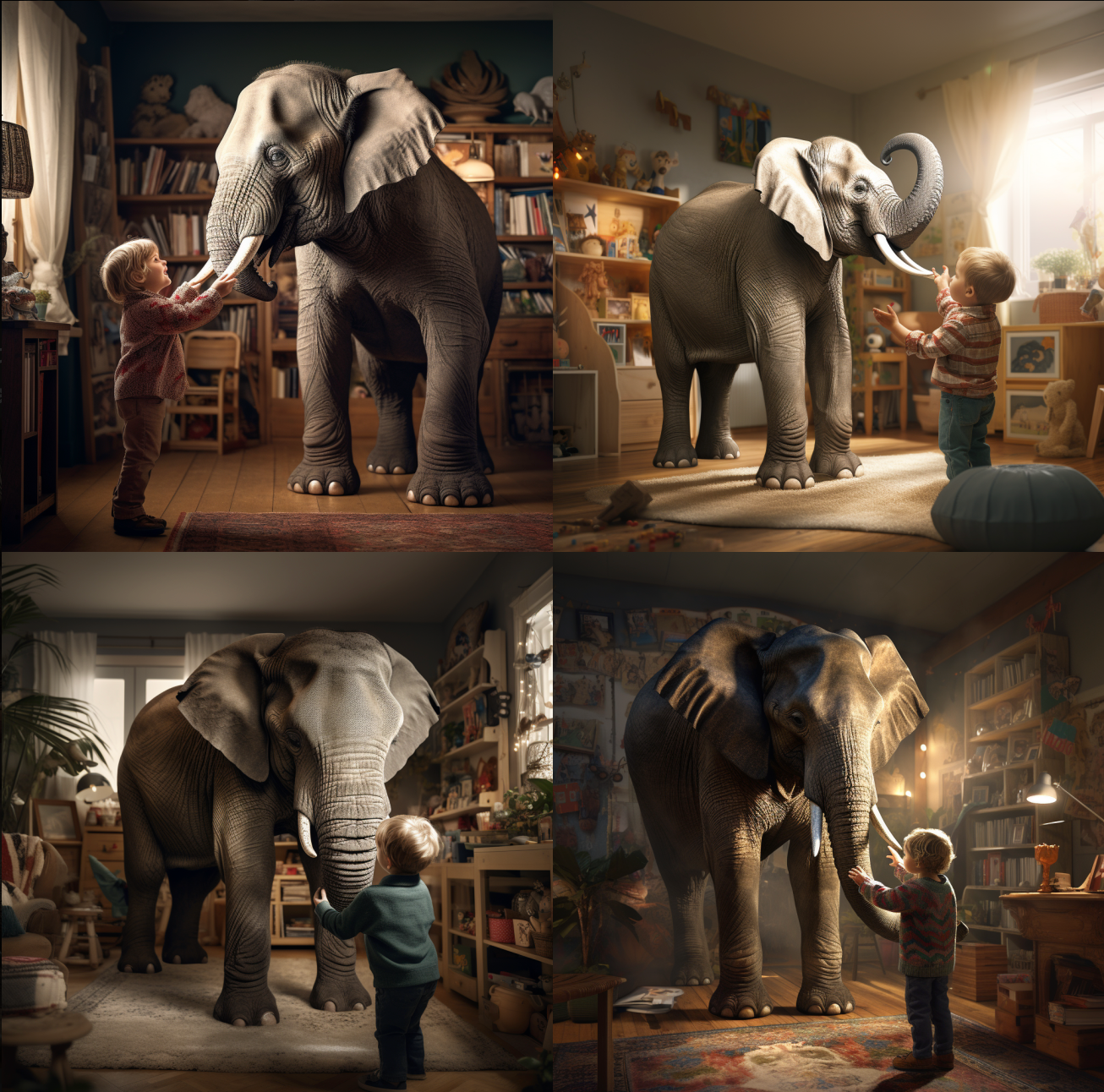 an elephant stands on the fingertip of a child in his playroom. Prompt-Inspiration: Miniaturisierung