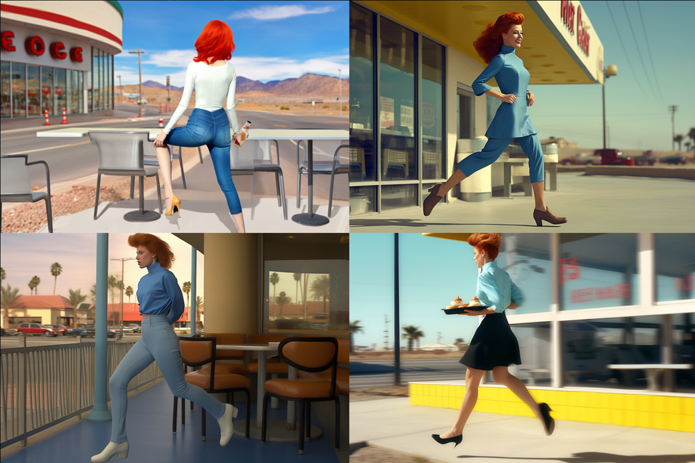A red haired woman with blue jeans and jumper boots, leaving a diner at the shore road, in the style of nostalgic scenes, colorized, snapshots of iconic hollywood stars, desertwave, fawncore, street scene, undefined anatomy --ar 3:2 --weird 500