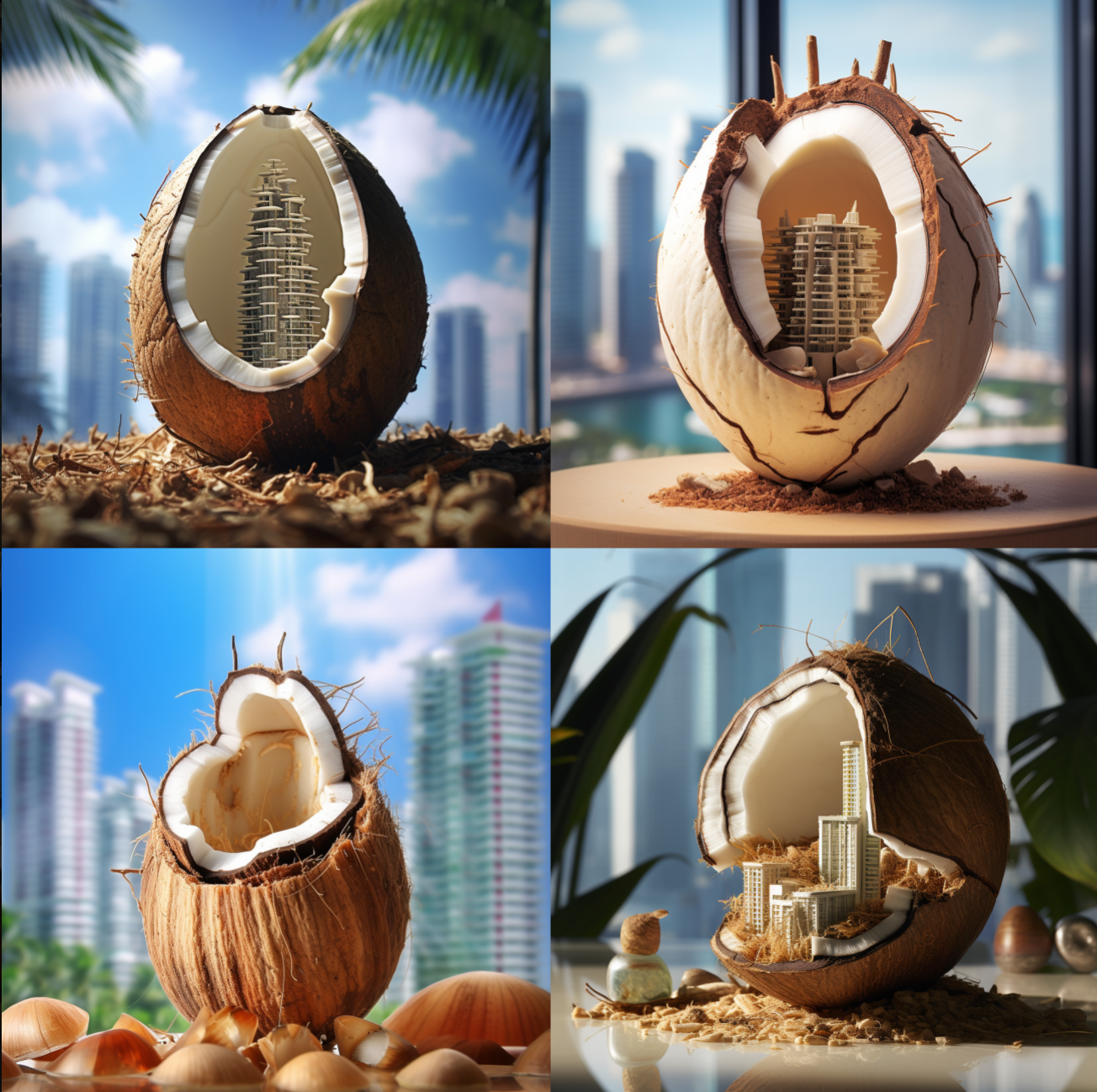 macro art photomontage, from the shell of a coconut grows an ecological skyscraper, in the background is a kitchen. 