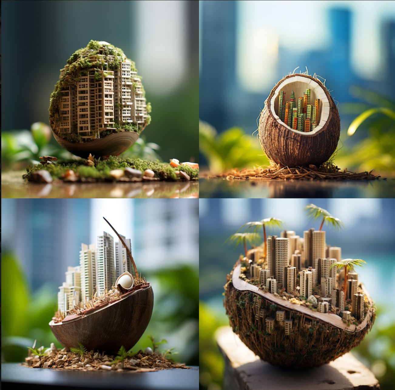 macro tilt-shift photography, from the shell of a coconut grows an ecological skyscraper. 