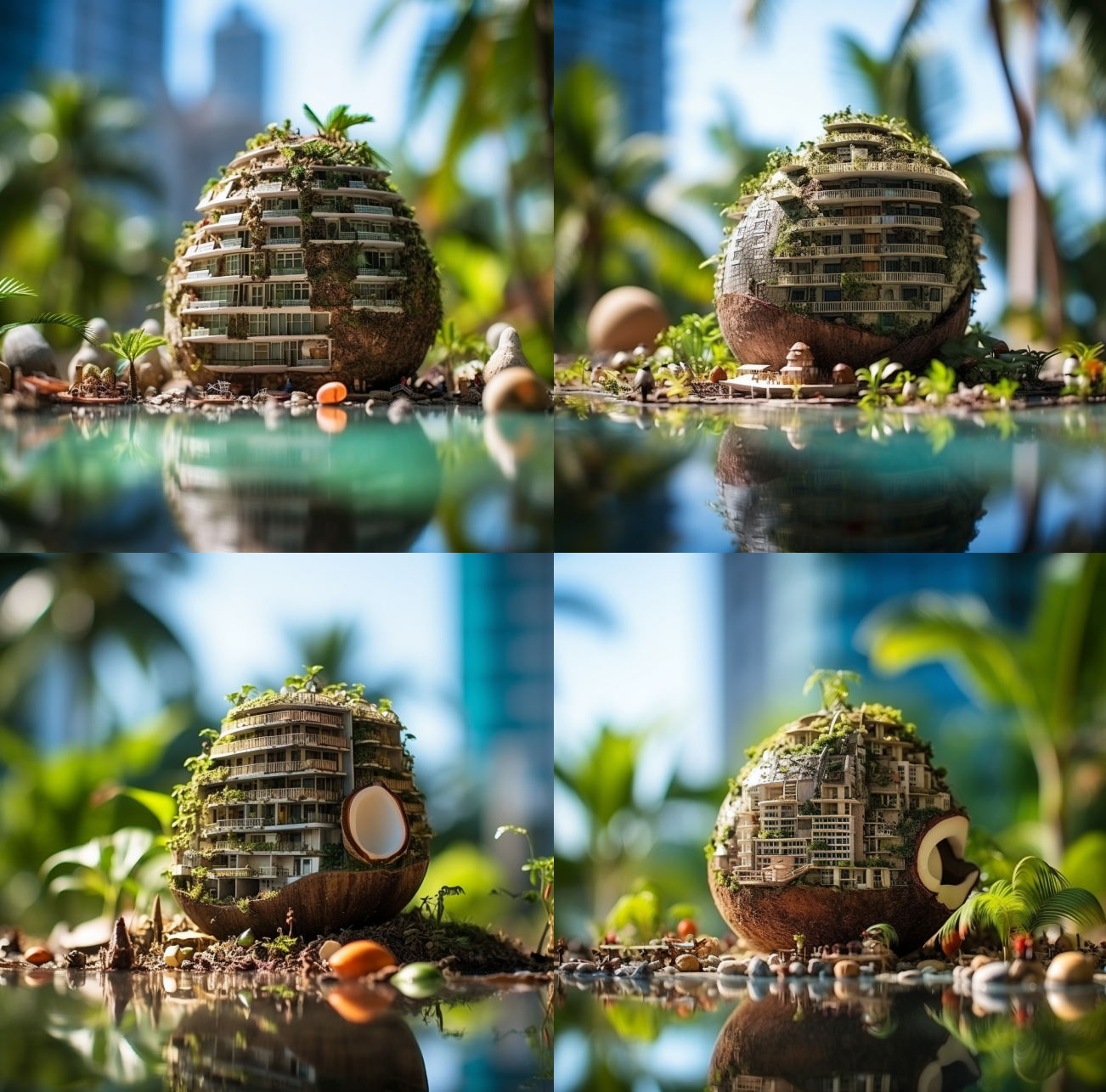 macro tilt-shift photography, from the shell of a coconut grows a single ecological skyscraper. 