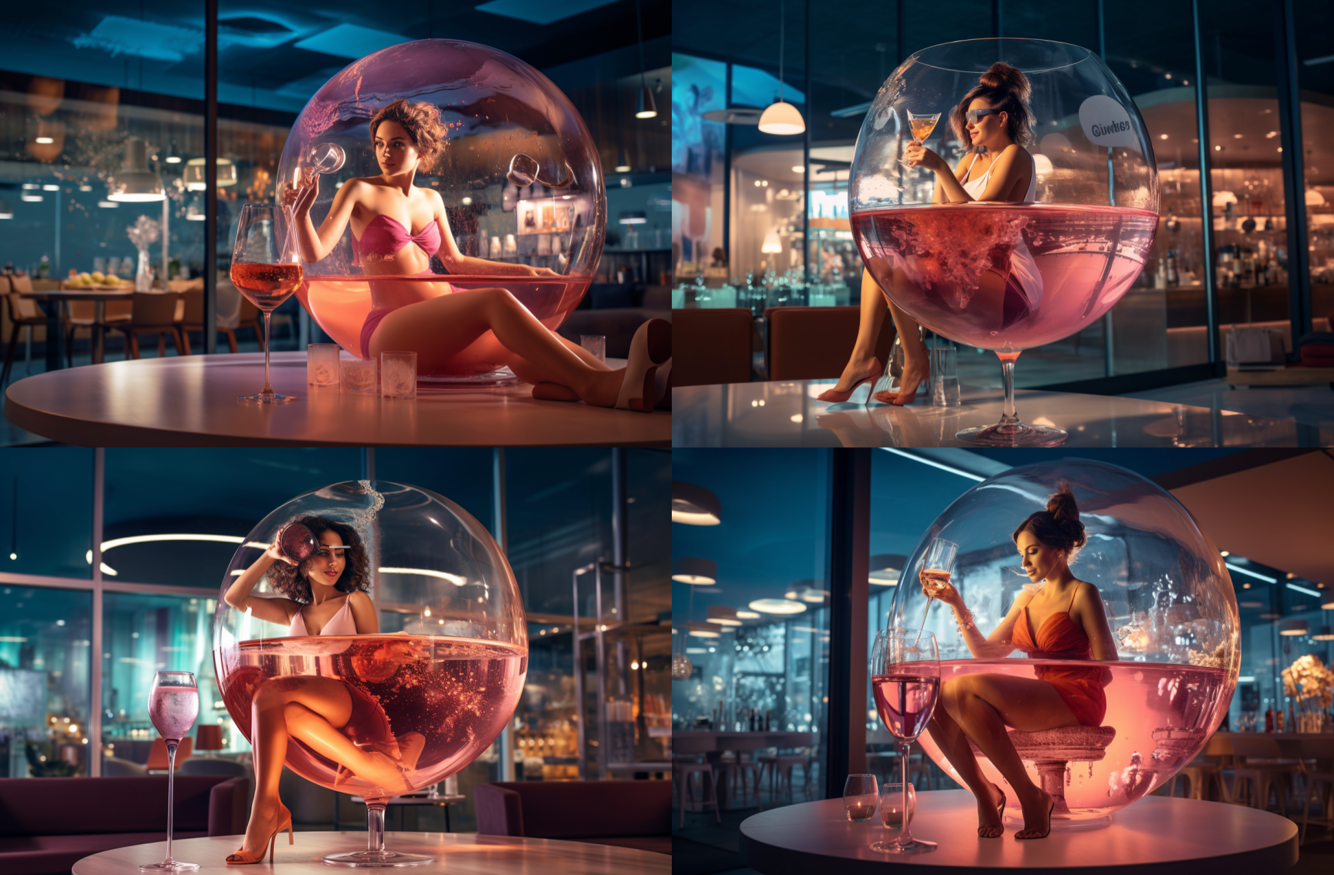 macro photomontage, mini female influencer bathes in a giant wineglas on a bar counter next to a pool --ar 3:2 