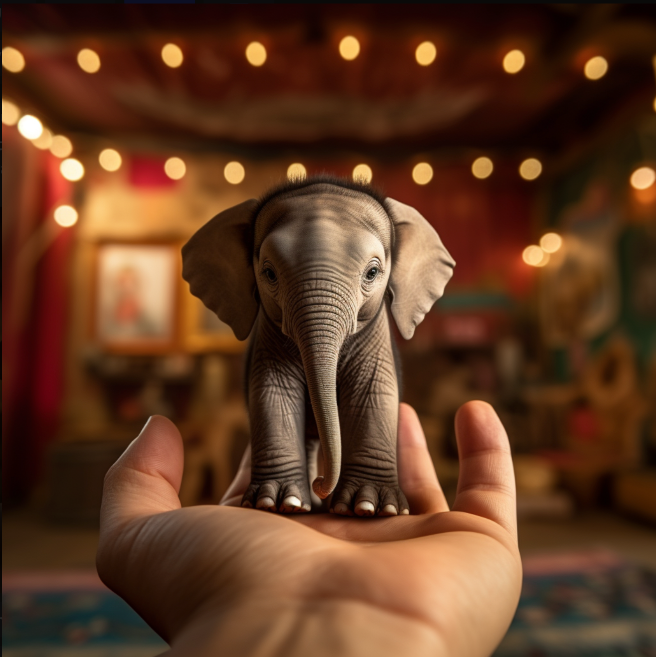 marco photography, of a childrens fingertip with an elephant on it, a playroom in the background. Prompt-Inspiration: Miniaturisierung
