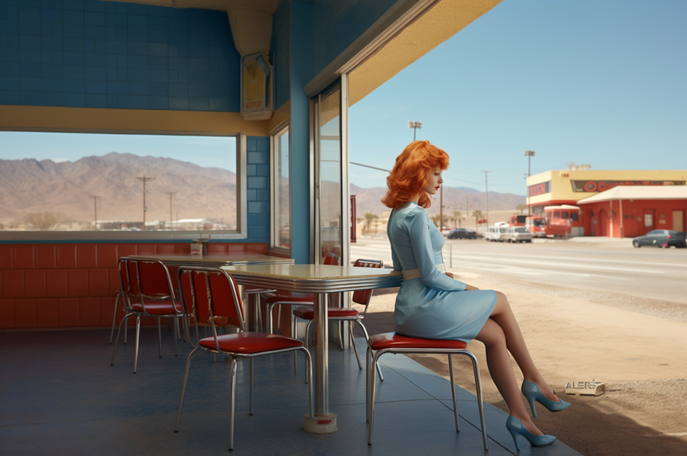 A red haired woman with blue jeans and jumper boots, leaving a diner at the shore road, in the style of nostalgic scenes, colorized, snapshots of iconic hollywood stars, desertwave, fawncore, street scene, undefined anatomy --ar 3:2 
