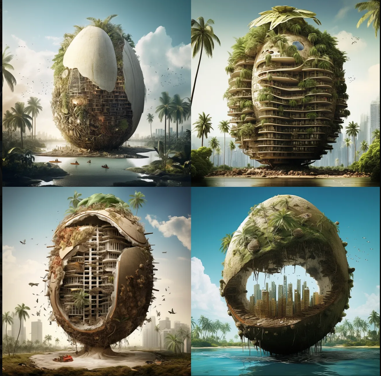 art photomontage, from the shell of a coconut grows an ecological skyscraper. Prompt-Inspiration: Miniaturisierung