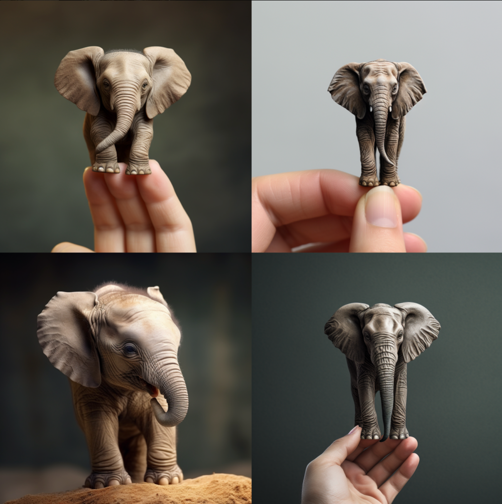elephant standing on a fingertip. Prompt-Inspiration: Miniaturisierung