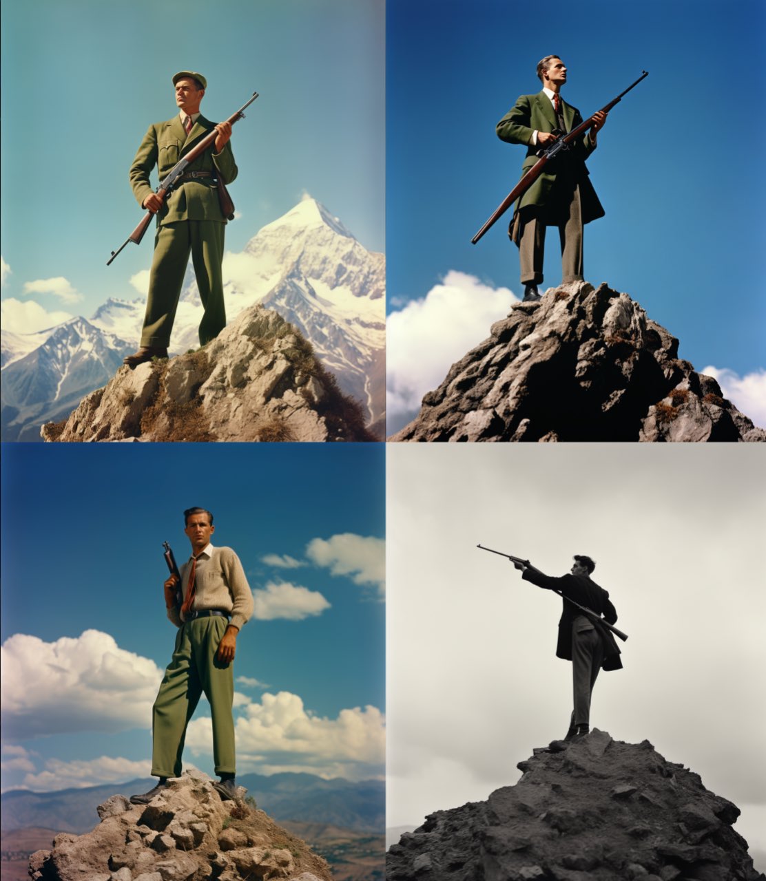 a man standing on top of a mountain with a rifle in one hand, in the style of louise dahl-wolfe, notable sense of movement, working-class empathy, photo --ar 107:123. Prompts
