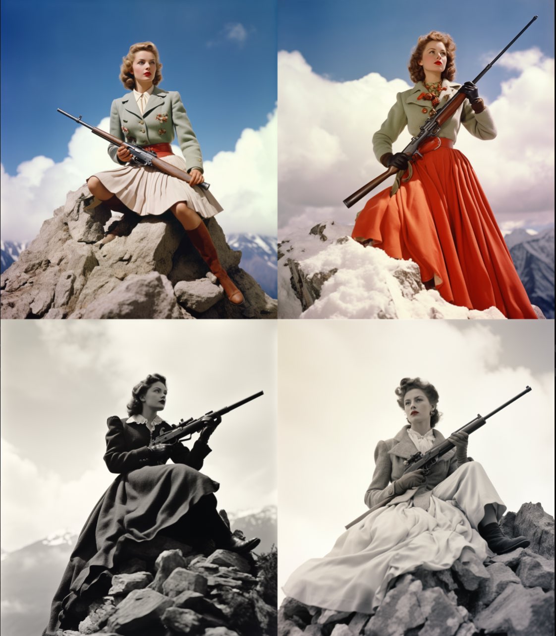 a woman on top of a mountain with a rifle, in the style of post-world war ii school of paris, theatrical gestures, 1940s–1950s, masculine, photo taken with provia, whistlerian, handsome --ar 107:123