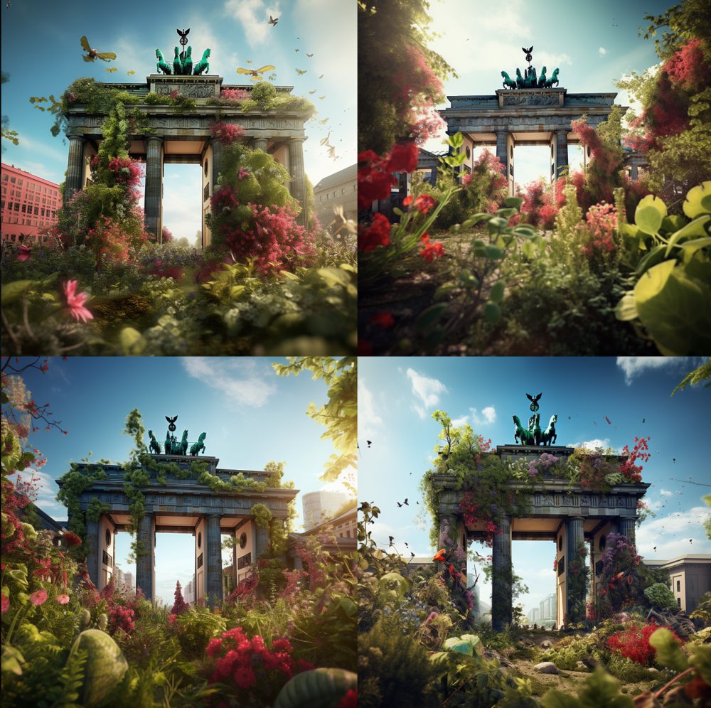 berlin, brandenburger tor, overgrown with many green plants and with many colorful large flowers. cinematic quality