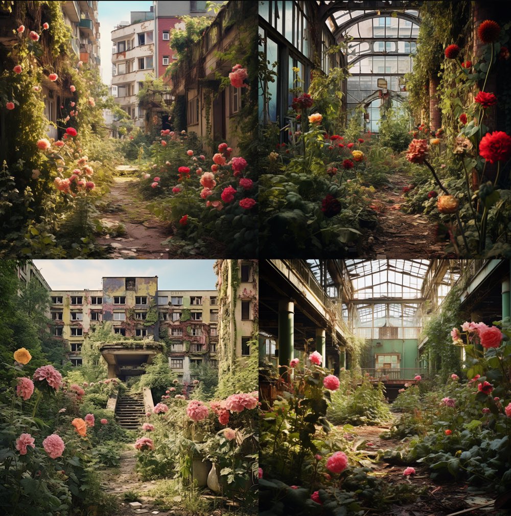 berlin, overgrown with many plants and With many colorful large flowers. cinematic quality, sharp – focus, intricate details, award - winning photography