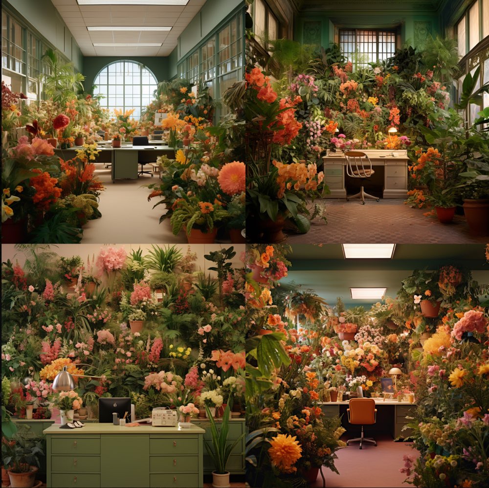 art photography, an office, made out of green plants and with many colorful large flowers