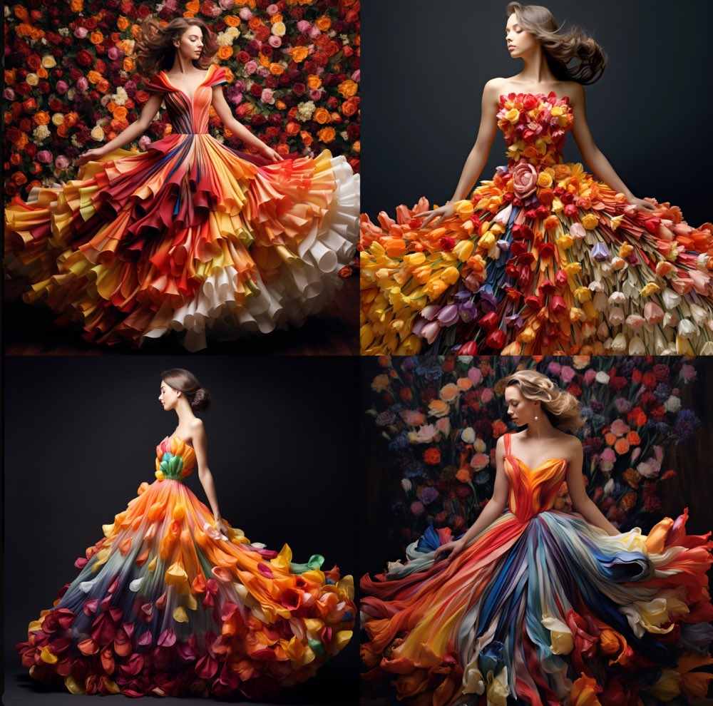 woman in a dress made out of colorful tulips