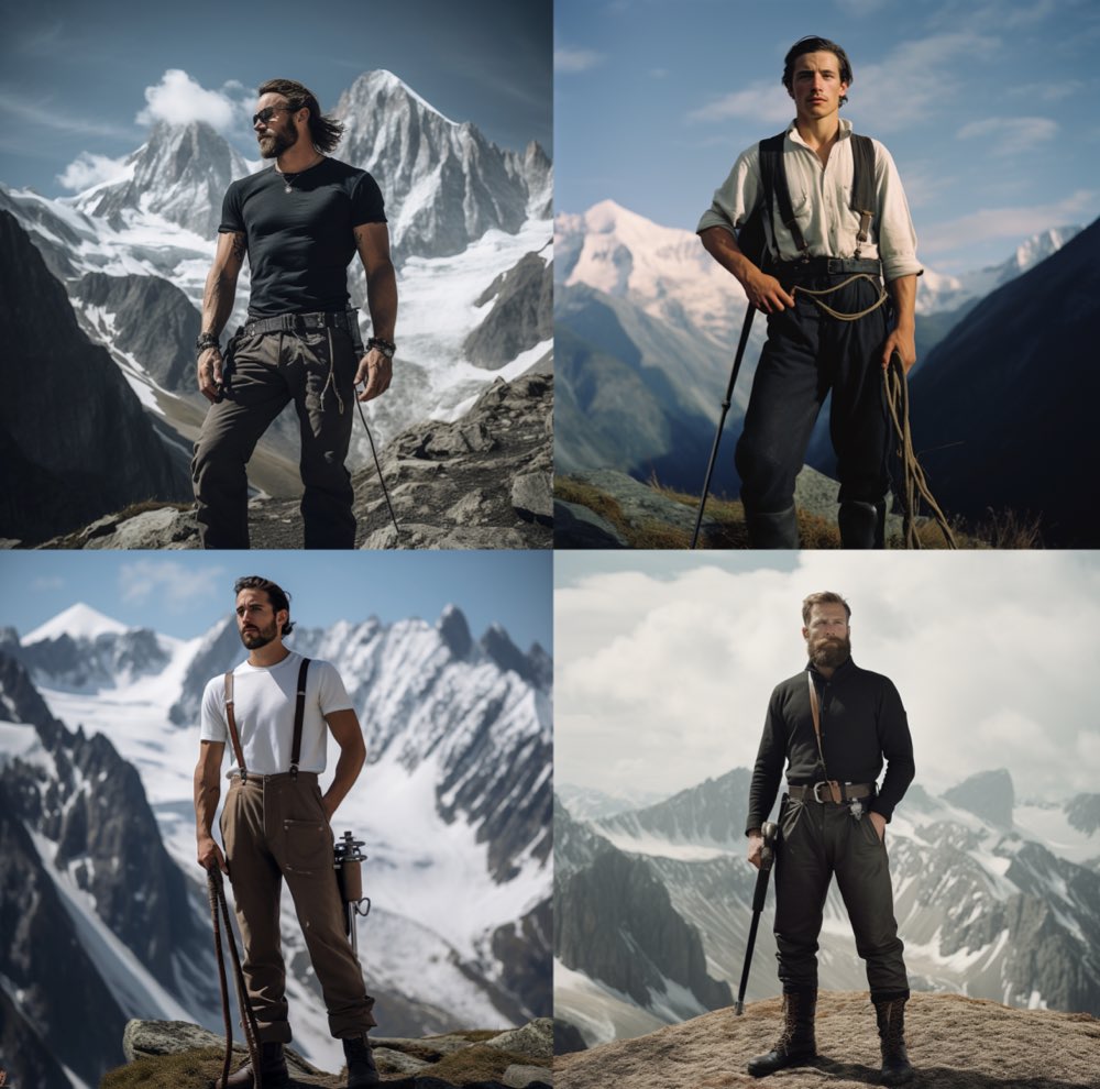 wide-legged standing mountaineer with ice axe in the crook of his arm in front of alpine scenery, low camera angle, white collared shirt, long black trousers, black mountain boots. KI-Prompt Inspiration: Prompts erarbeiten II