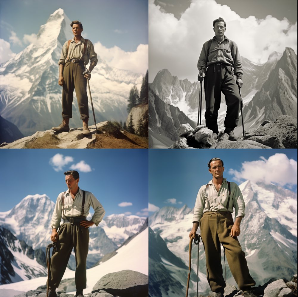 wide-legged standing mountaineer with ice axe in the crook of his arm in front of alpine scenery, low camera angle, white collared shirt, long black trousers, black mountain boots, 1940-1950s