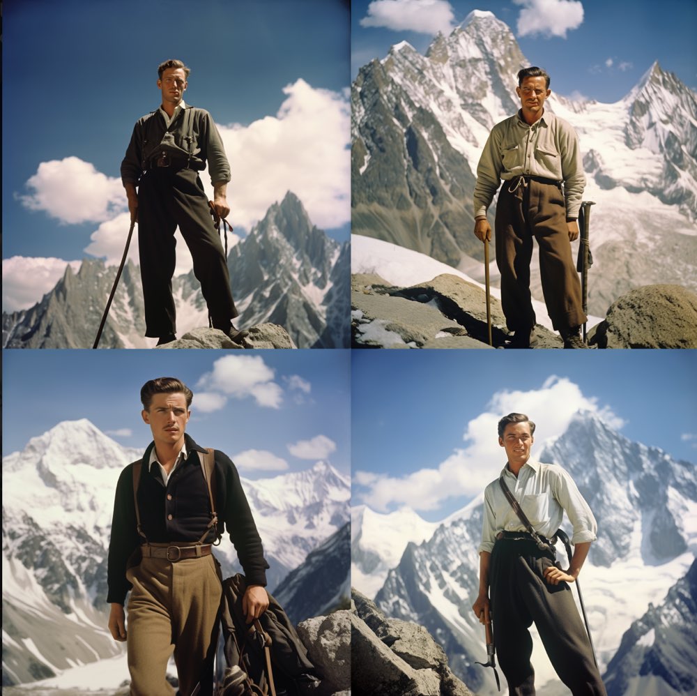 wide-legged standing mountaineer with ice axe in the crook of his arm in front of alpine scenery, low camera angle, white collared shirt, long black trousers, black mountain boots, 1940-1950s, in the style of georg jensen, norman parkinson, arthur skizhali-weiss