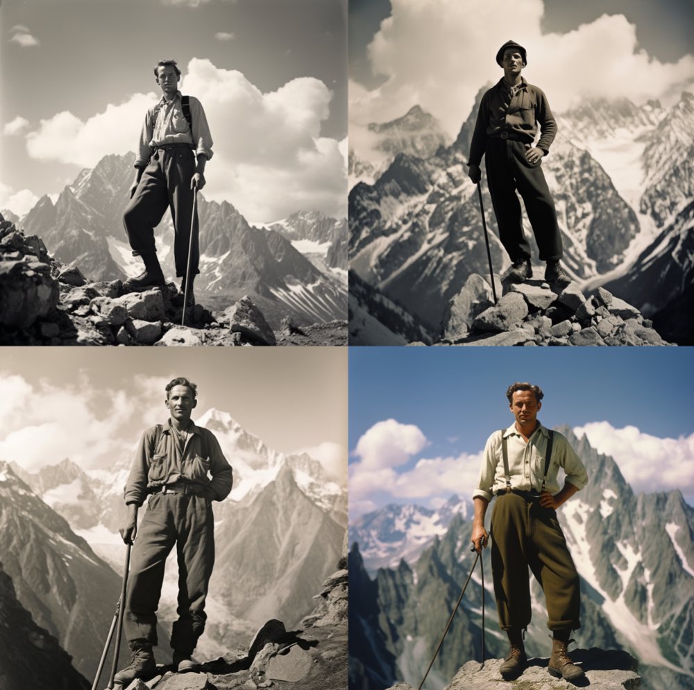 wide-legged standing mountaineer with ice axe in the crook of his arm in front of alpine scenery, low camera angle, white collared shirt, long black trousers, black mountain boots, 1940-1950s, in the style of arthur skizhali-weiss