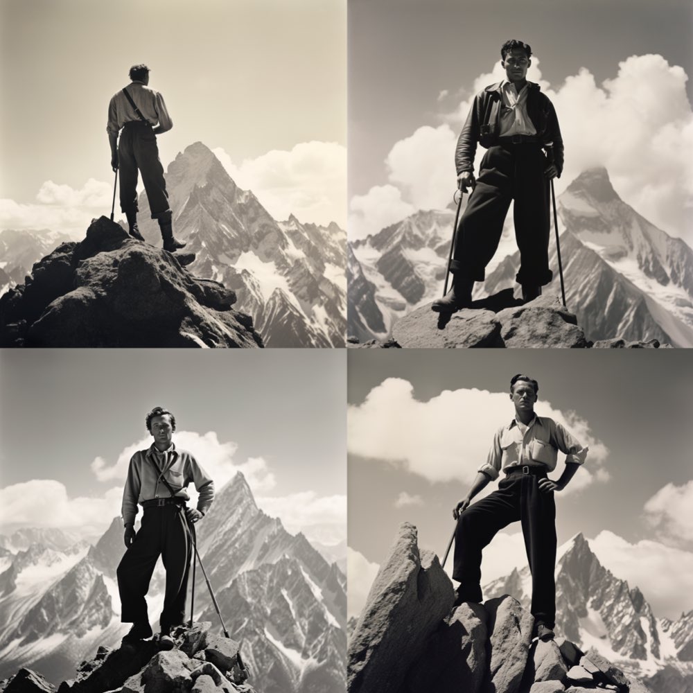 heroic very wide-legged standing mountaineer with ice axe in the crook of his arm in front of alpine scenery, low camera angle, white collared shirt, long black trousers, black mountain boots, 1930s, by Leni Riefenstahl