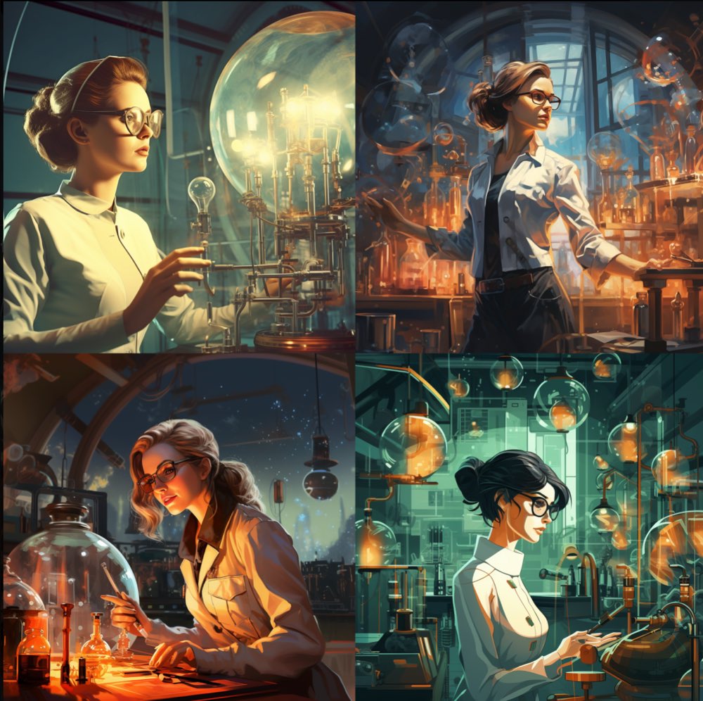 female scientist in retrofuturism laboratory 