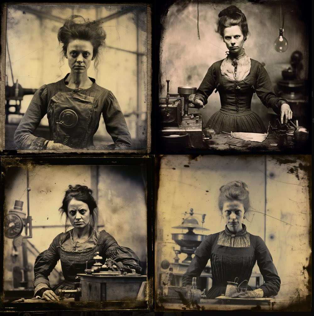 daguerreotype, female scientist in retrofuturism laboratory, gray and black, pulled, scraped, and scratched --no frame