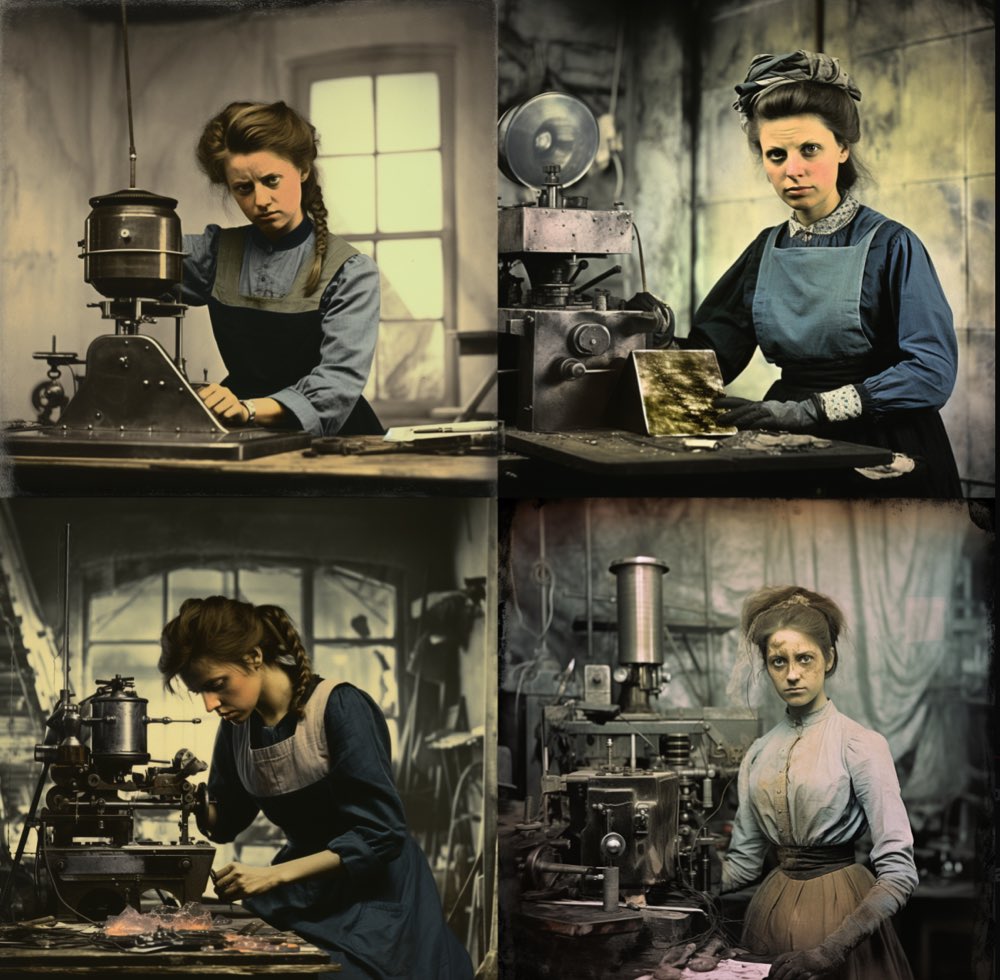 handcolored daguerreotype, female scientist in retrofuturism laboratory, gray and black, pulled, scraped, and scratched --no frame