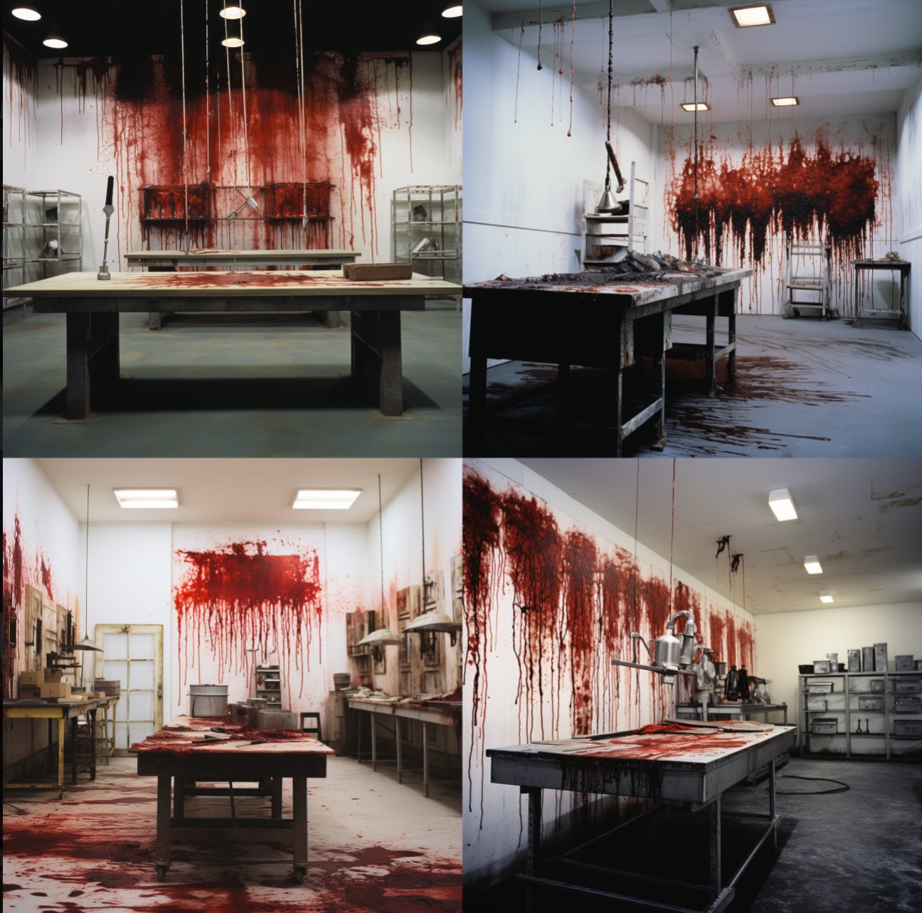 Interior design, workroom of a serial killer, with an operation table, by Hermann Nitsch. Innenarchitektur