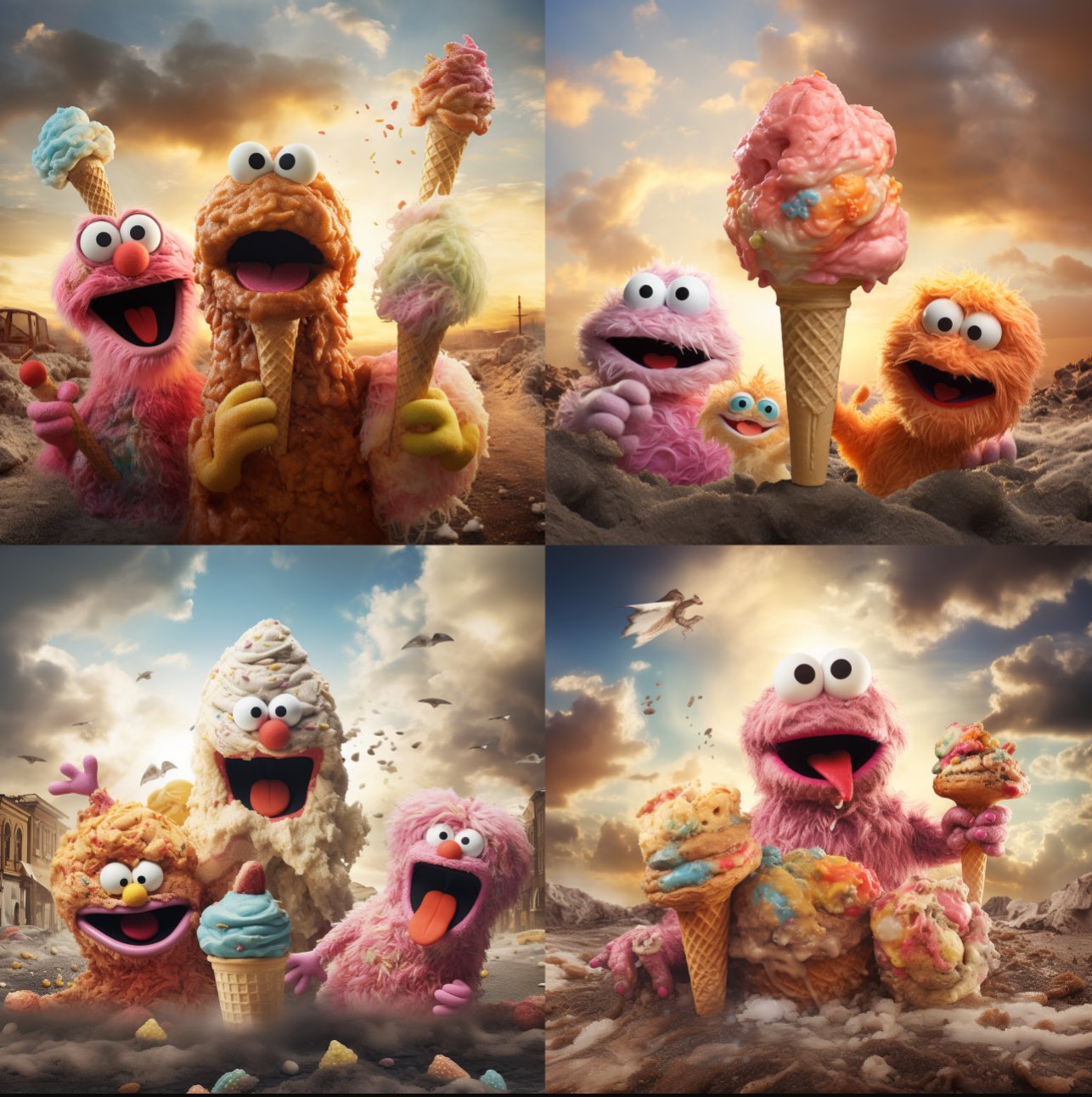 art Photography, sesame-street, Funny ice cream bonbon Creatures in an apocalyptic world