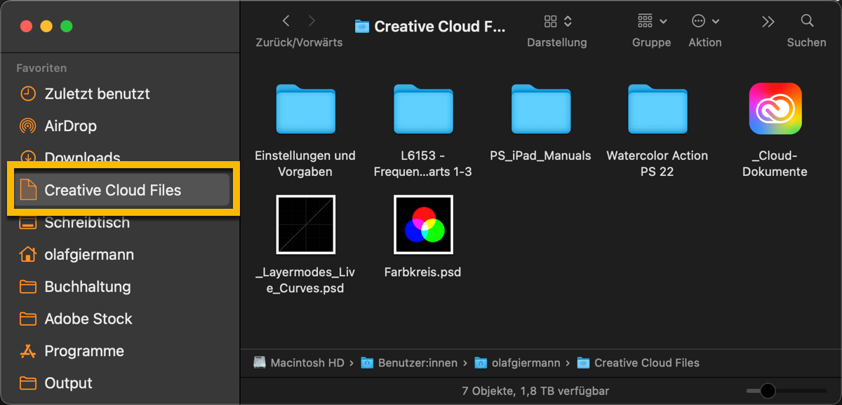 Dieser Ordner wurde und wird automatisch bei Installation der Creative Cloud-App auf Ihrem Rechner angelegt und dessen Inhalt mit der Cloud synchronisiert.