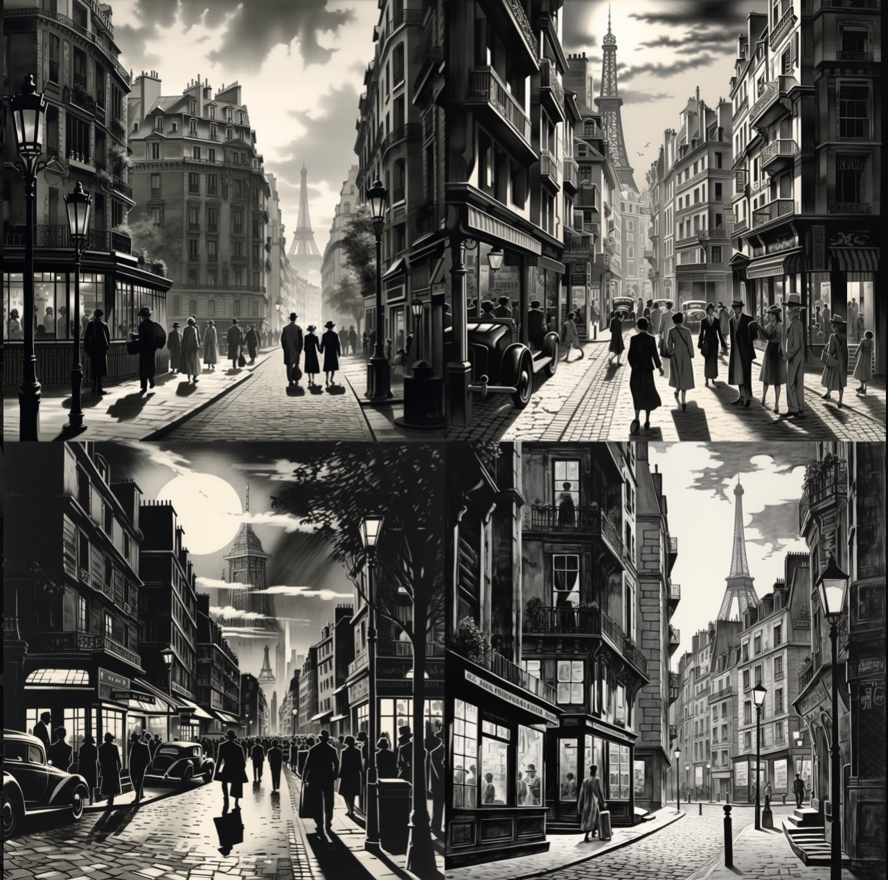 black an white illustration, 1940 streets of Paris