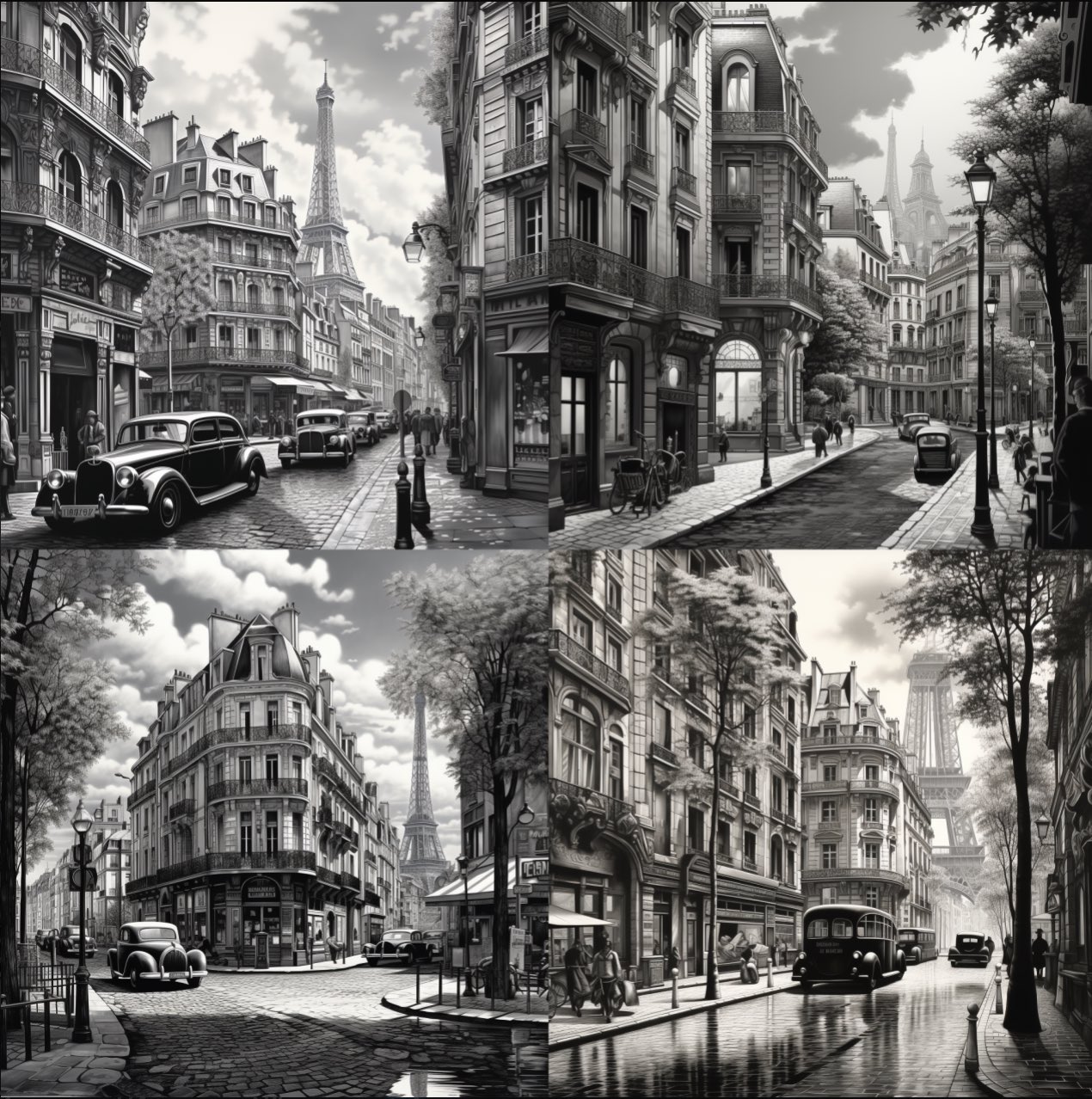 monochromatic black and white hyper-detailed rendering, 1940 streets of Paris