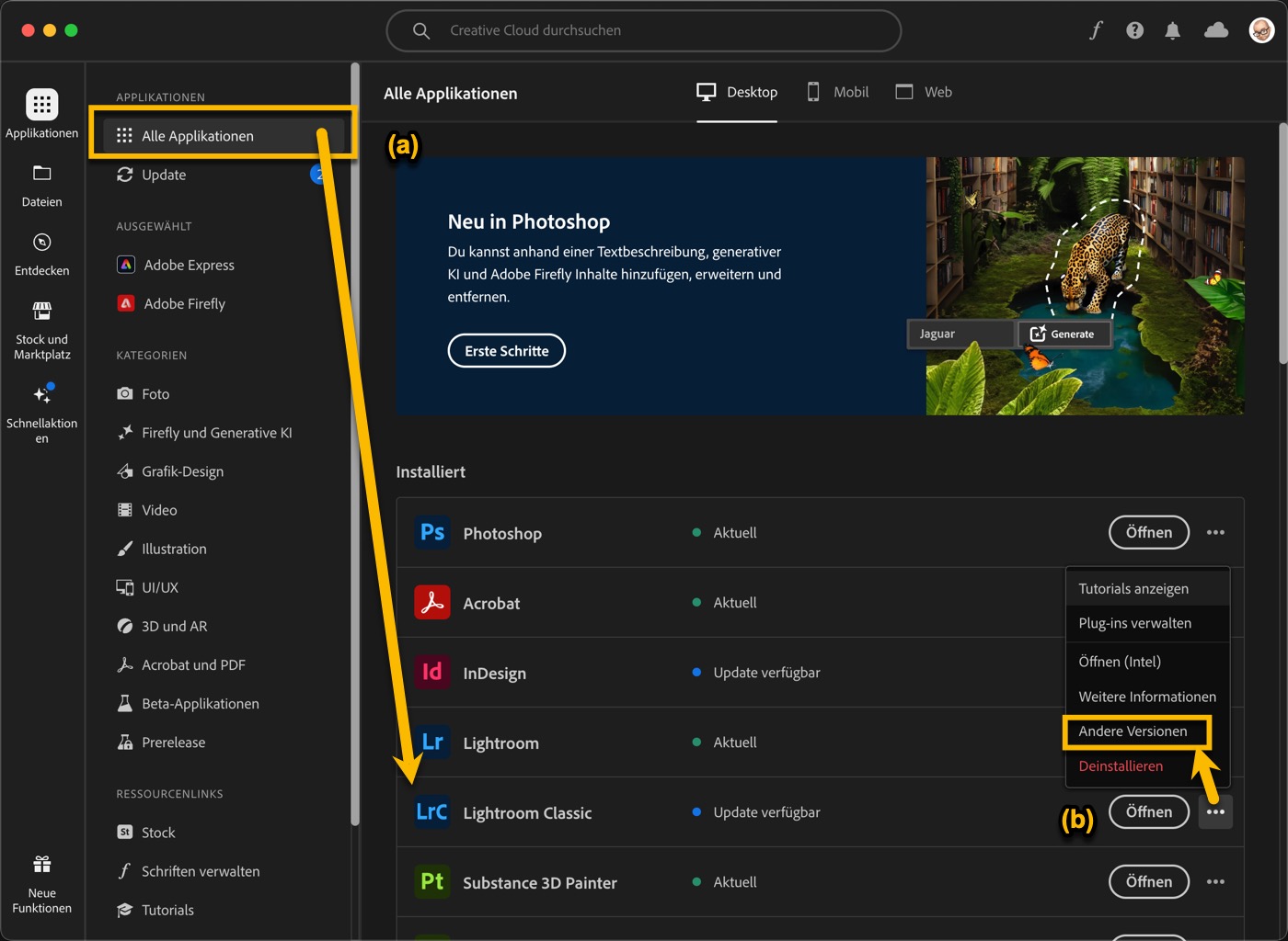 Klicken Sie auf »Alle Applikationen« (a), scrollen Sie gegebenenfalls zu Lightroom Classic und klicken dort neben der »Öffnen«-Schaltfläche auf die drei Punkte (b). Im sich öffnenden Menü wählen Sie »Andere Versionen« und dort dann die Version 13.0.0. 