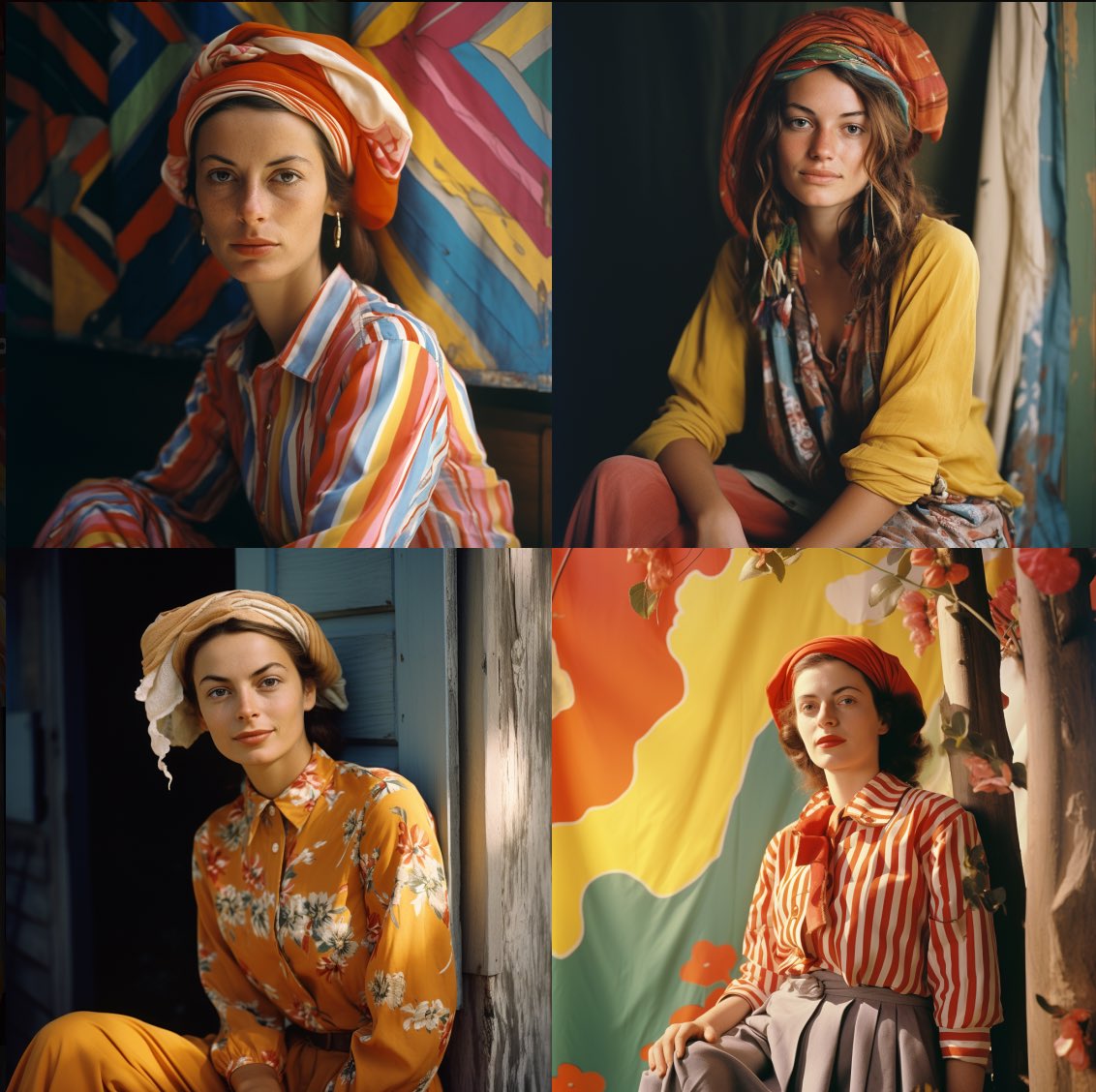 photographic outdoor studio portrait of a woman with colorful clothes, Kodak Ektachrome --seed 1234567. KI-Prompt Inspiration: Film-Emulsionen