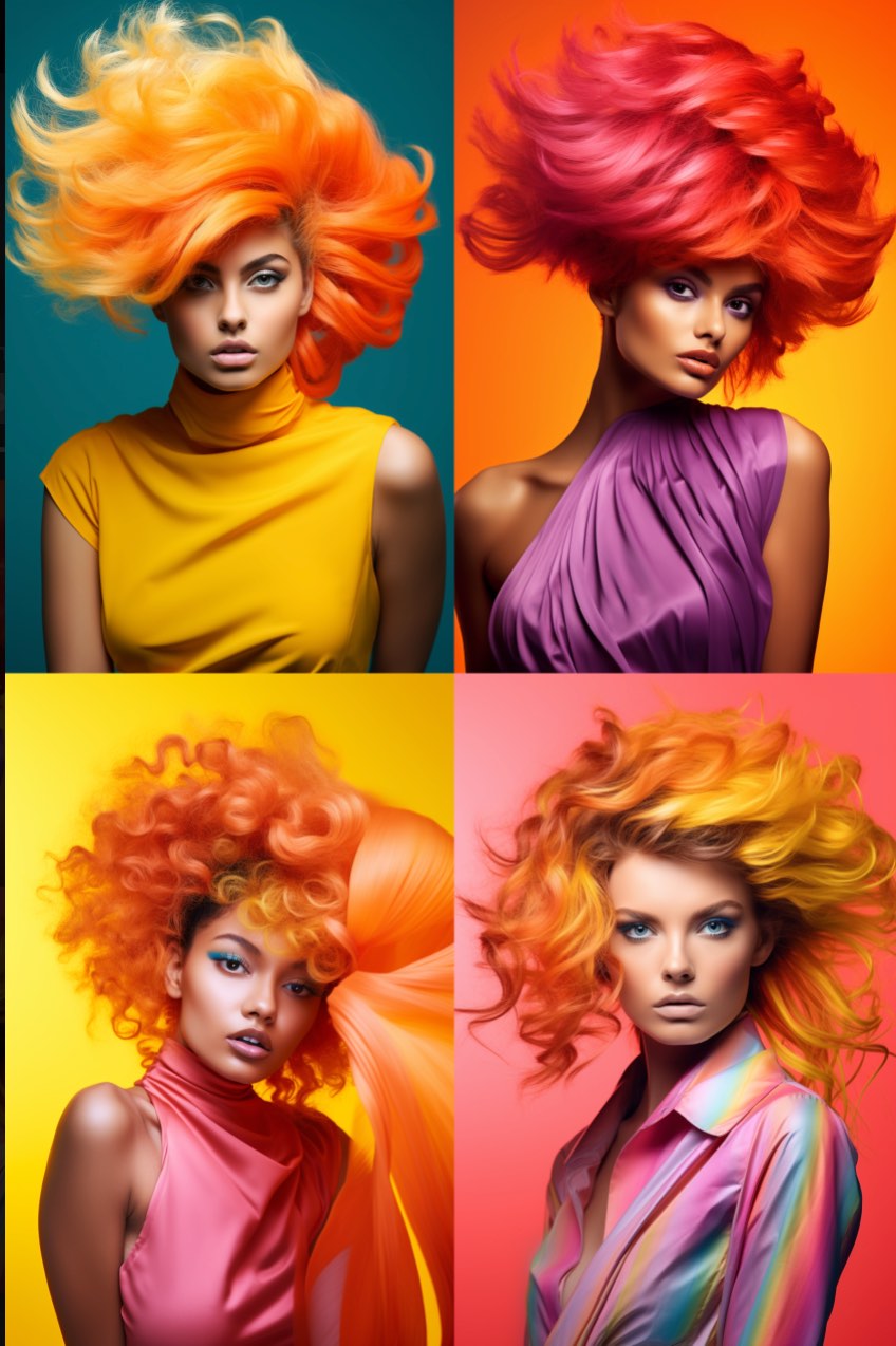 Contemporary art photography, friendly fashion model with extreme sweeping hairstyle, bold tone in tone colors, bright background --ar 2:3 . Style Tuner