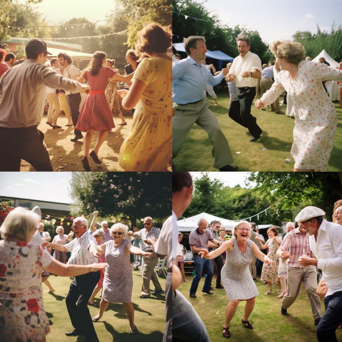 people dancing, suburban garden party. KI-Prompt Inspiration: Theme