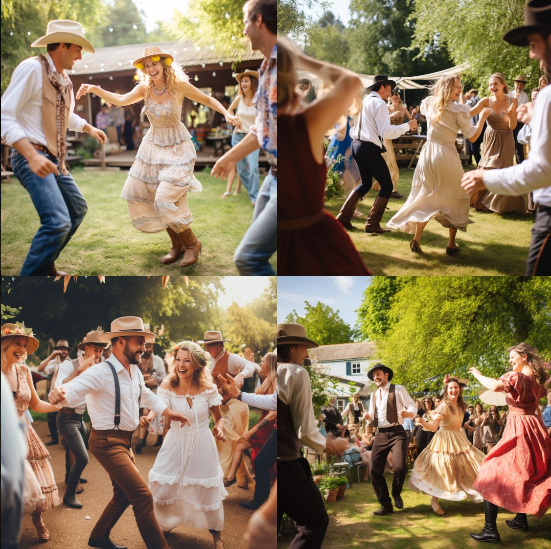 people dancing, suburban garden party, wild west theme. KI-Prompt Inspiration: Theme