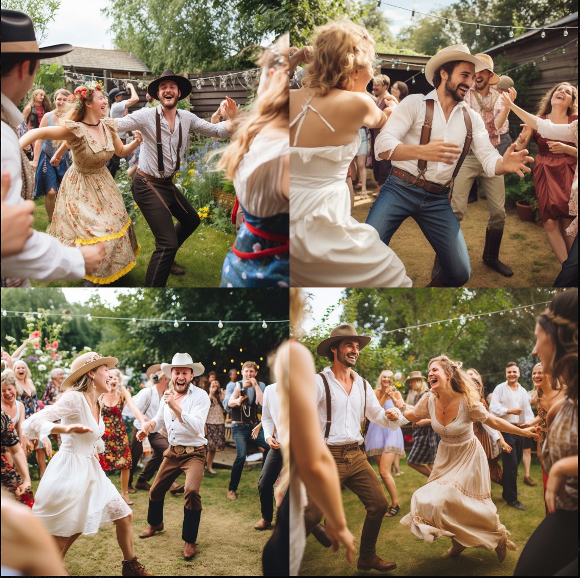 people dancing, suburban garden party, hardcore wild west theme. KI-Prompt Inspiration: Theme