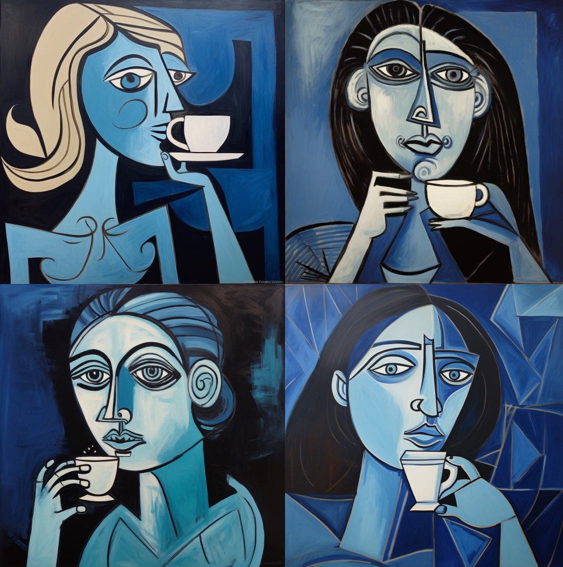 woman drinking coffee, by pablo picasso, blue period 