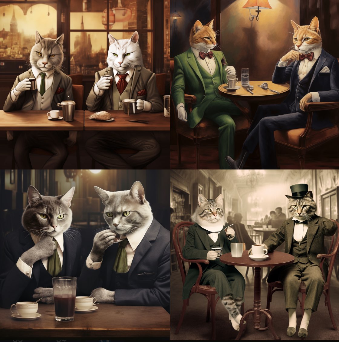 anthropomorph cats in evening suits, drinkin coffee in a bar 