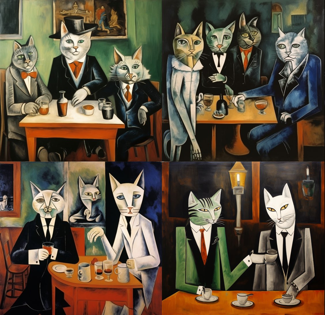 anthropomorph cats in evening suits, drinkin coffee in a bar, by pablo picasso 
