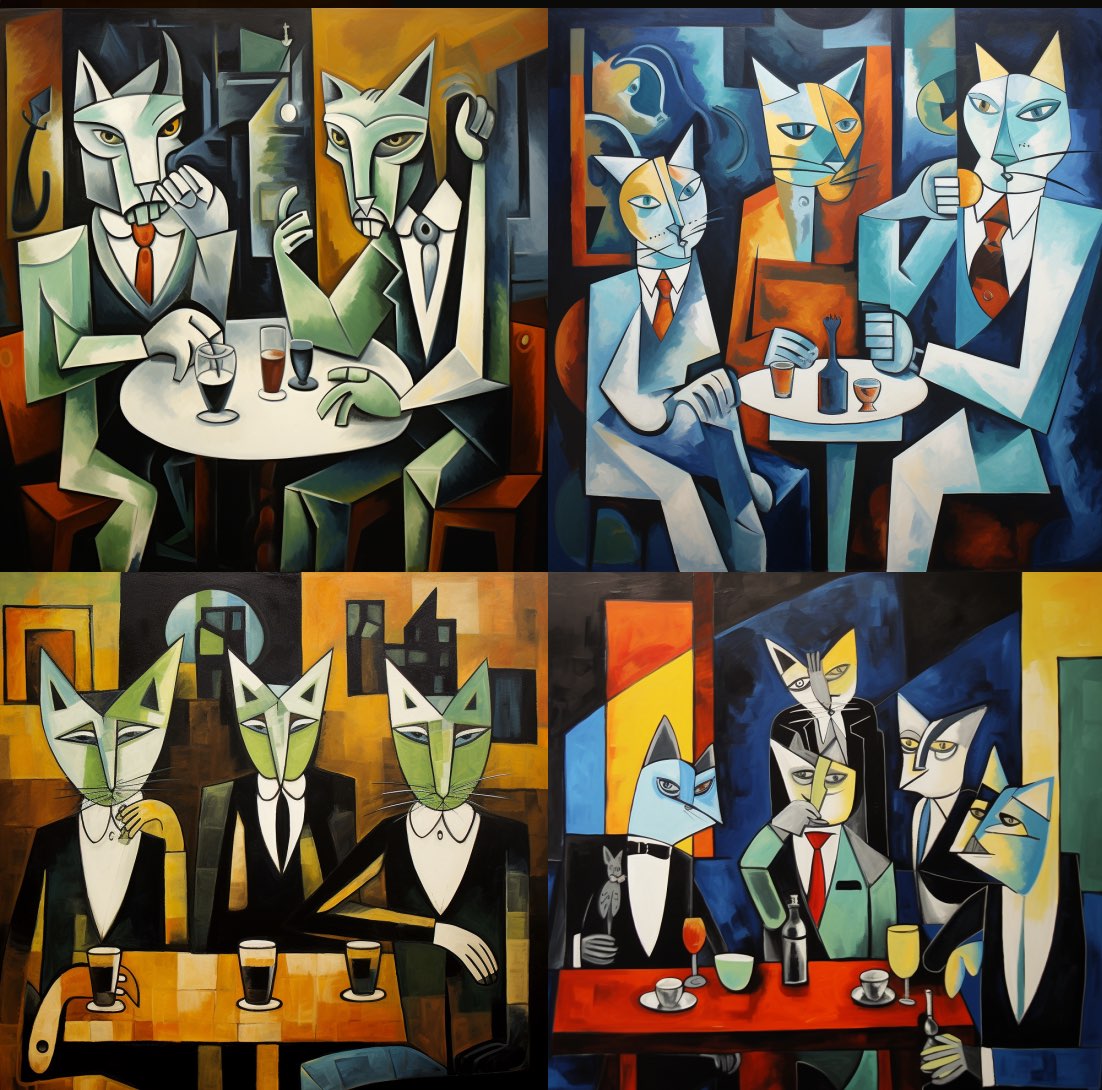 cubistic painting, anthropomorph cats in evening suits, drinkin coffee in a bar, by pablo picasso, reduced color palette