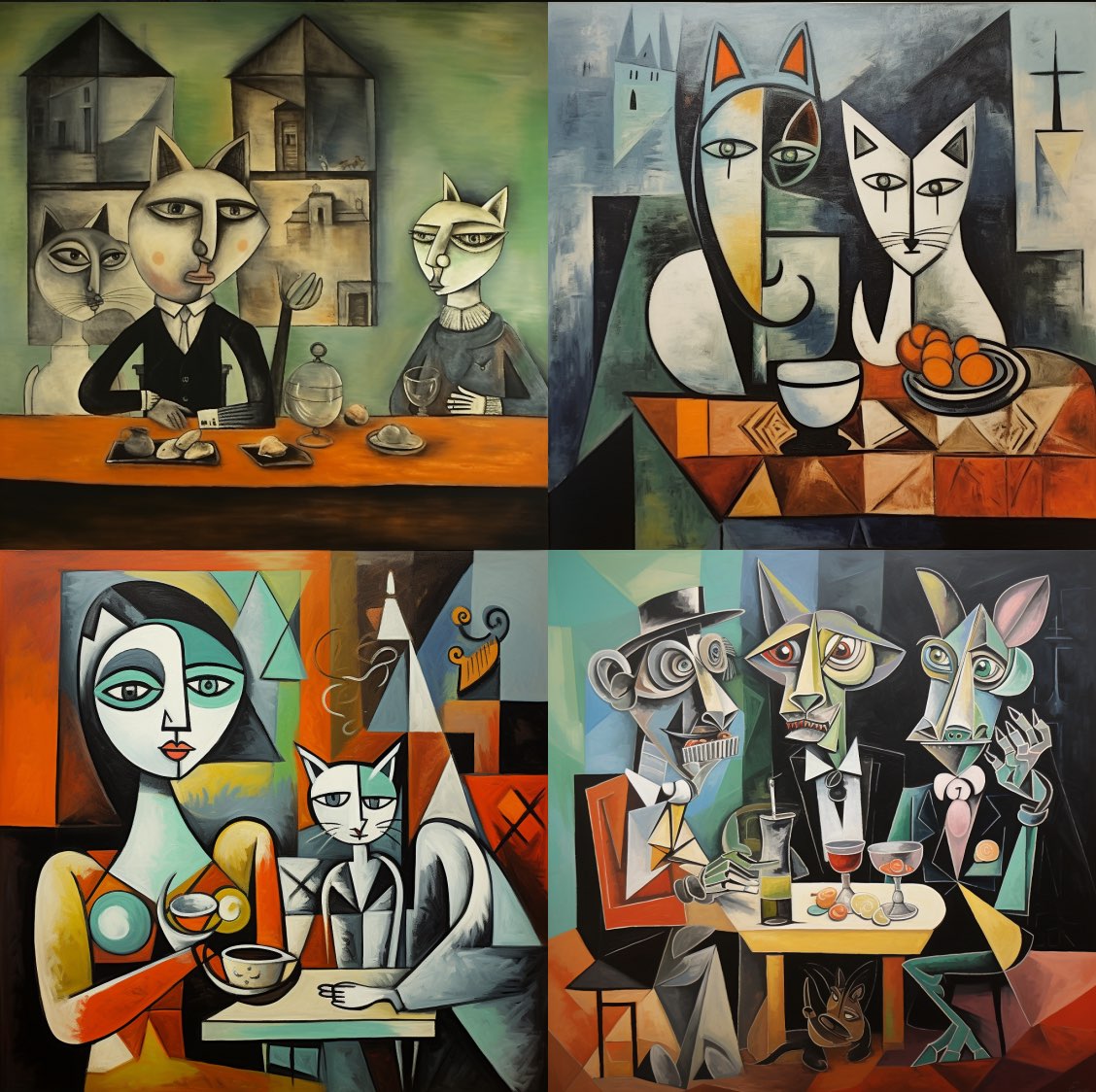 cubistic painting in reduced colors, anthropomorph cats in evening suits, drinkin coffee in a bar, by pablo picasso1.2 
