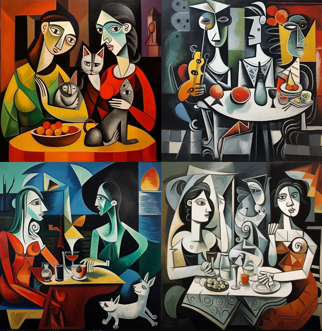 cubistic painting in reduced colors, anthropomorph cats in evening suits, drinkin coffee in a bar, by pablo picasso1.6